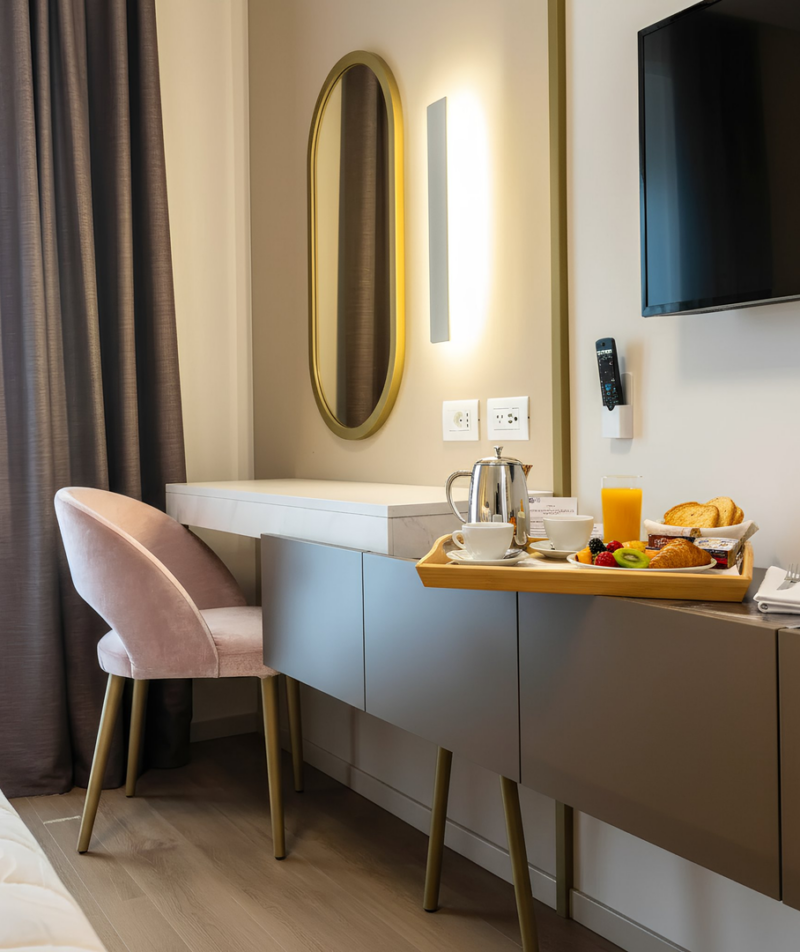 A bright room with breakfast ready.